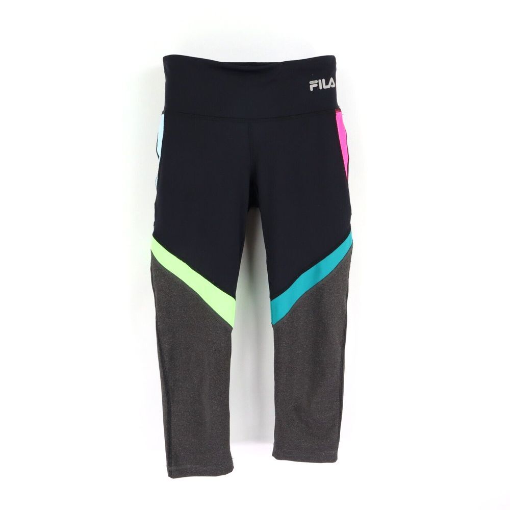 FILA Sport Capri Leggings Womens Size XS Black Colorful Stripes Live In Motion